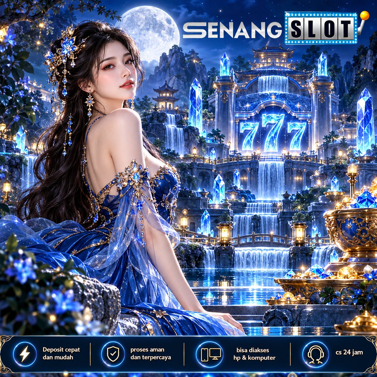 Banner SENANGSLOT bernuansa biru dengan ilustrasi hiburan digital – visual 1