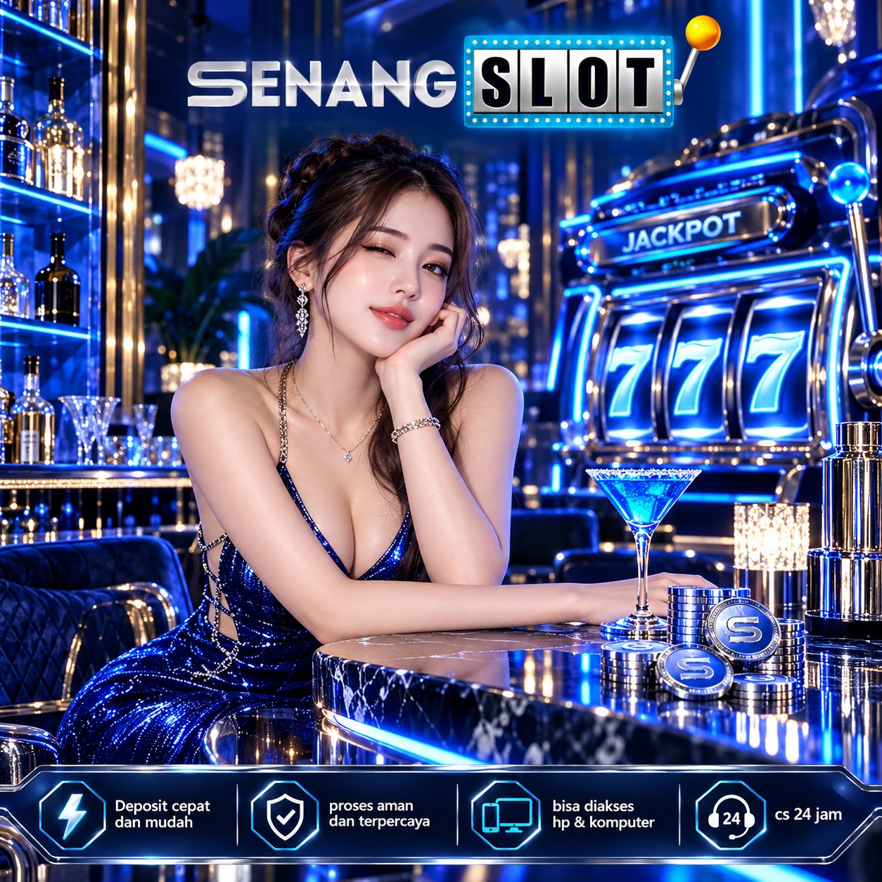 Banner SENANGSLOT bernuansa biru dengan ilustrasi hiburan digital – visual 2