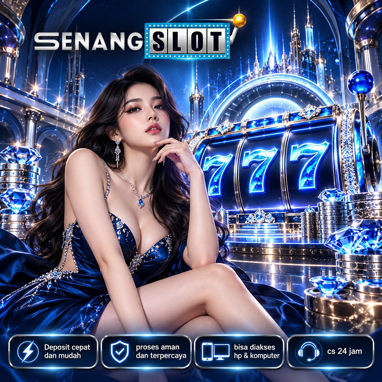 Banner SENANGSLOT bernuansa biru dengan ilustrasi hiburan digital – visual 3